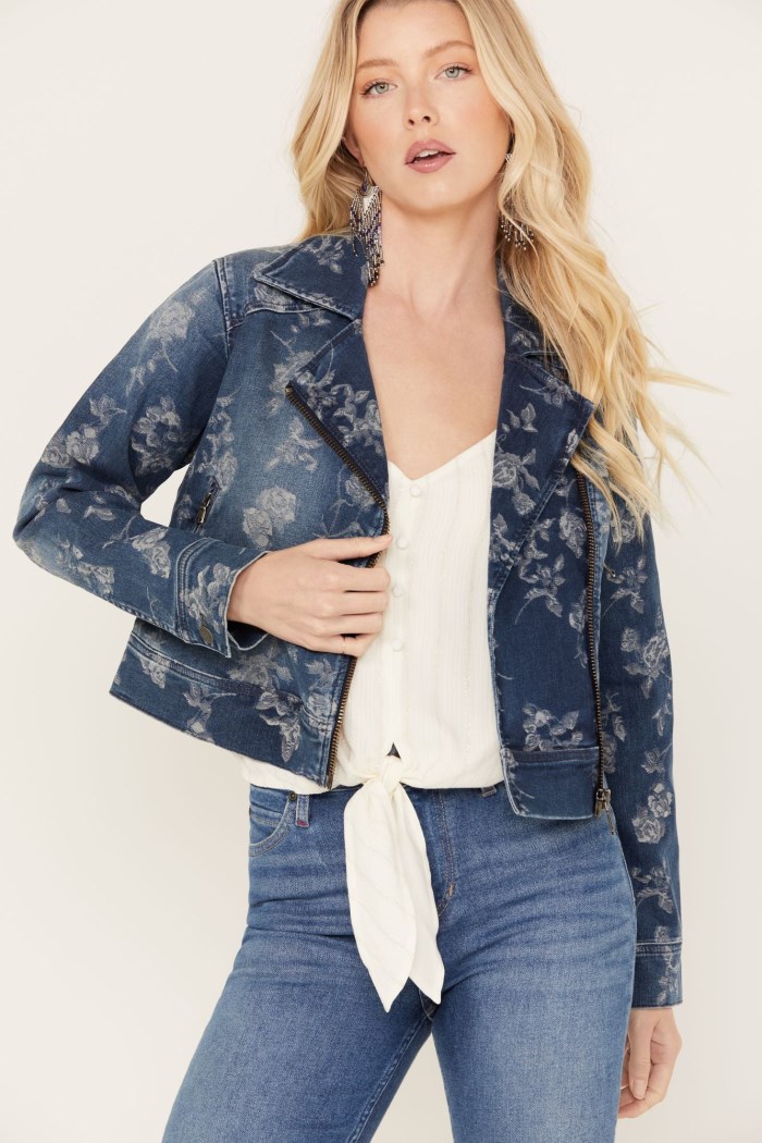 Idyllwind Women's Floral Drive Print Denim Moto Jacket | Dark Medium Wash