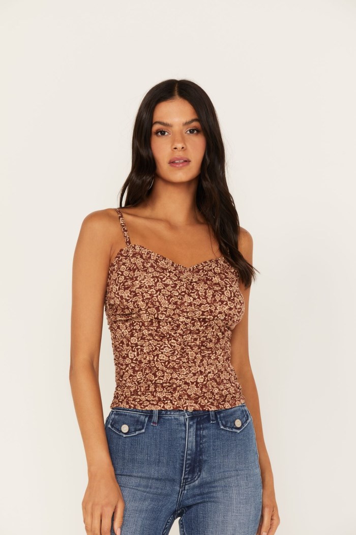Idyllwind Women's Floral Print Smocked Tank Top | Brandy Brown