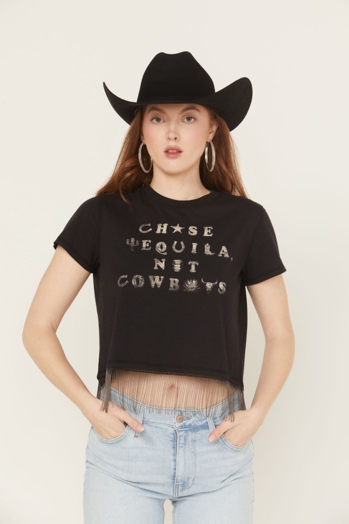 Idyllwind Women's Chase Tequila Ball Chain Fringe Short Sleeve Cropped Graphic Tee | Black